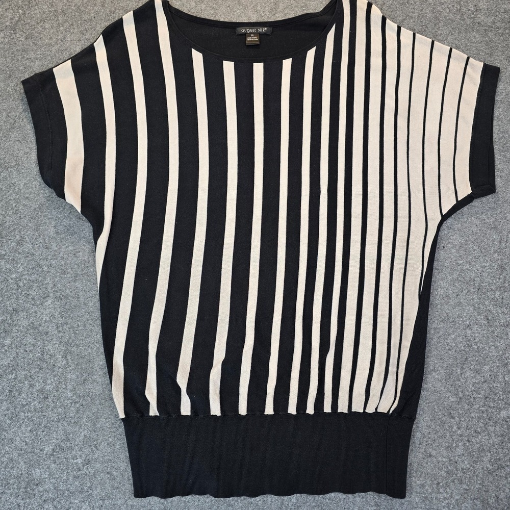 August Silk Sweater Womens XL Black White Striped Tight Knit Ribbed Warm Winter